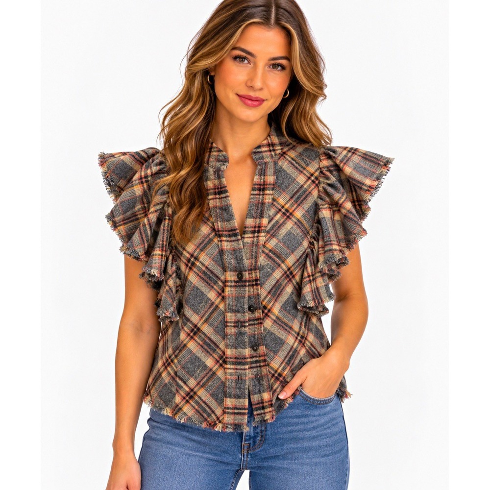 A Shirt Thing Plaid Flannel Ruffle Sleeve Button-Up Shirt 100% Cotton Size M